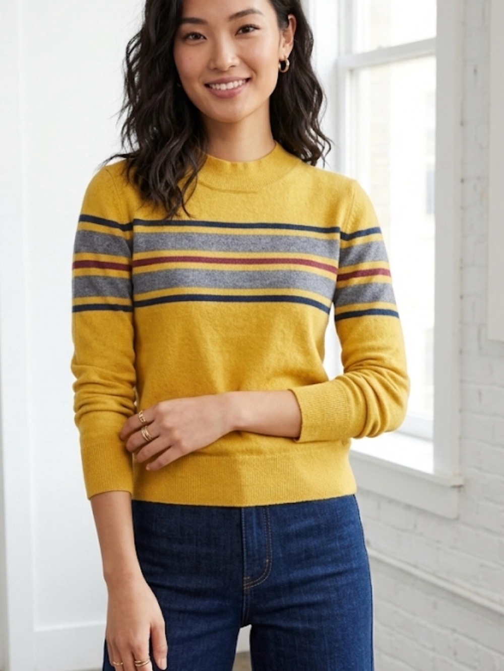 Hem & Thread Mustard Crewneck Sweater with Stripe Accents